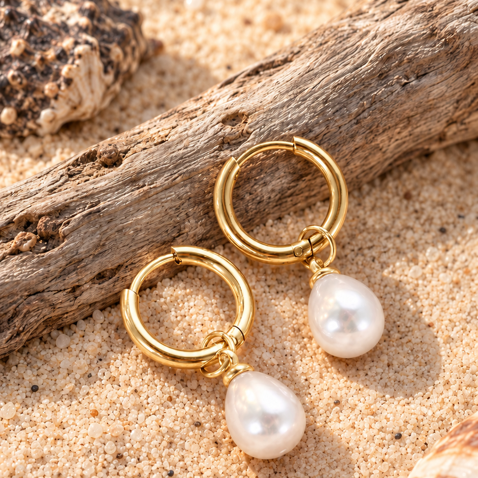 Gold Pearl Drop Huggie Earrings