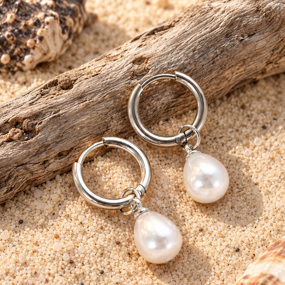 Silver Pearl Drop Huggie Earrings