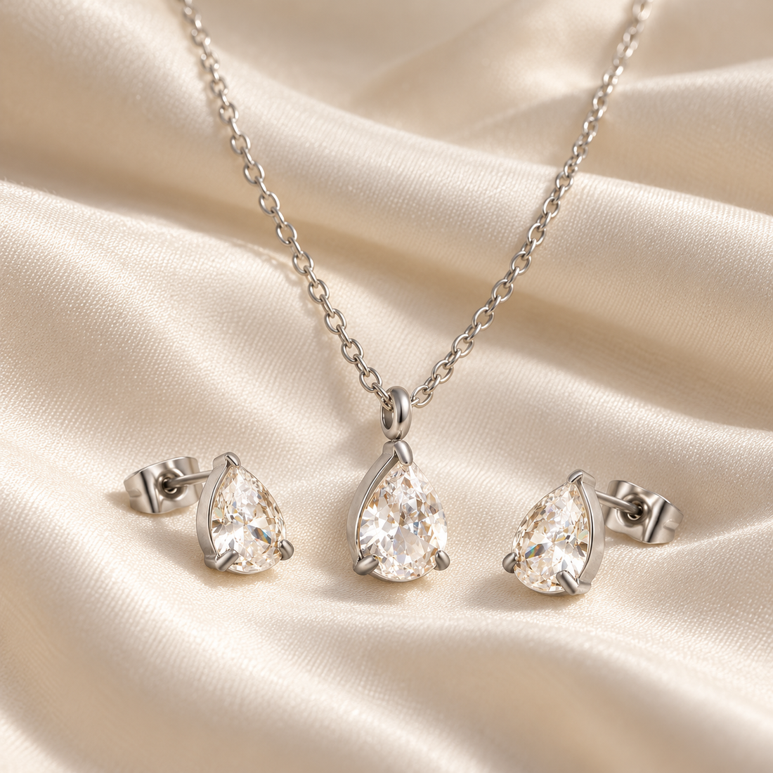 Silver Teardrop Crystal Necklace & Earring Set