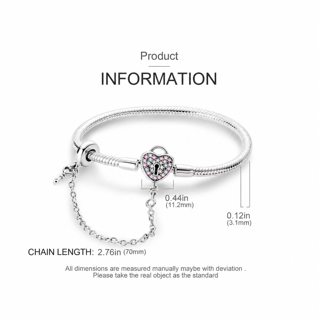 Silver Pink Stone Heart Lock Bracelet