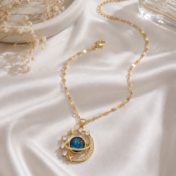 Blue Planet, Moon & Star Necklace