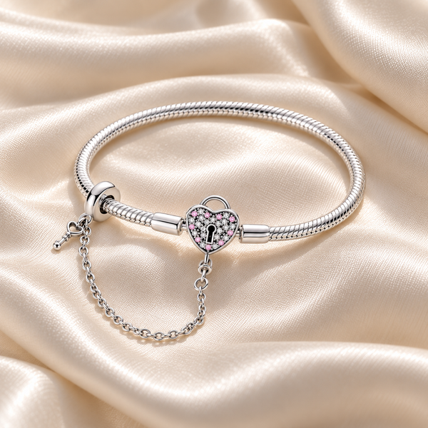 Silver Pink Stone Heart Lock Bracelet