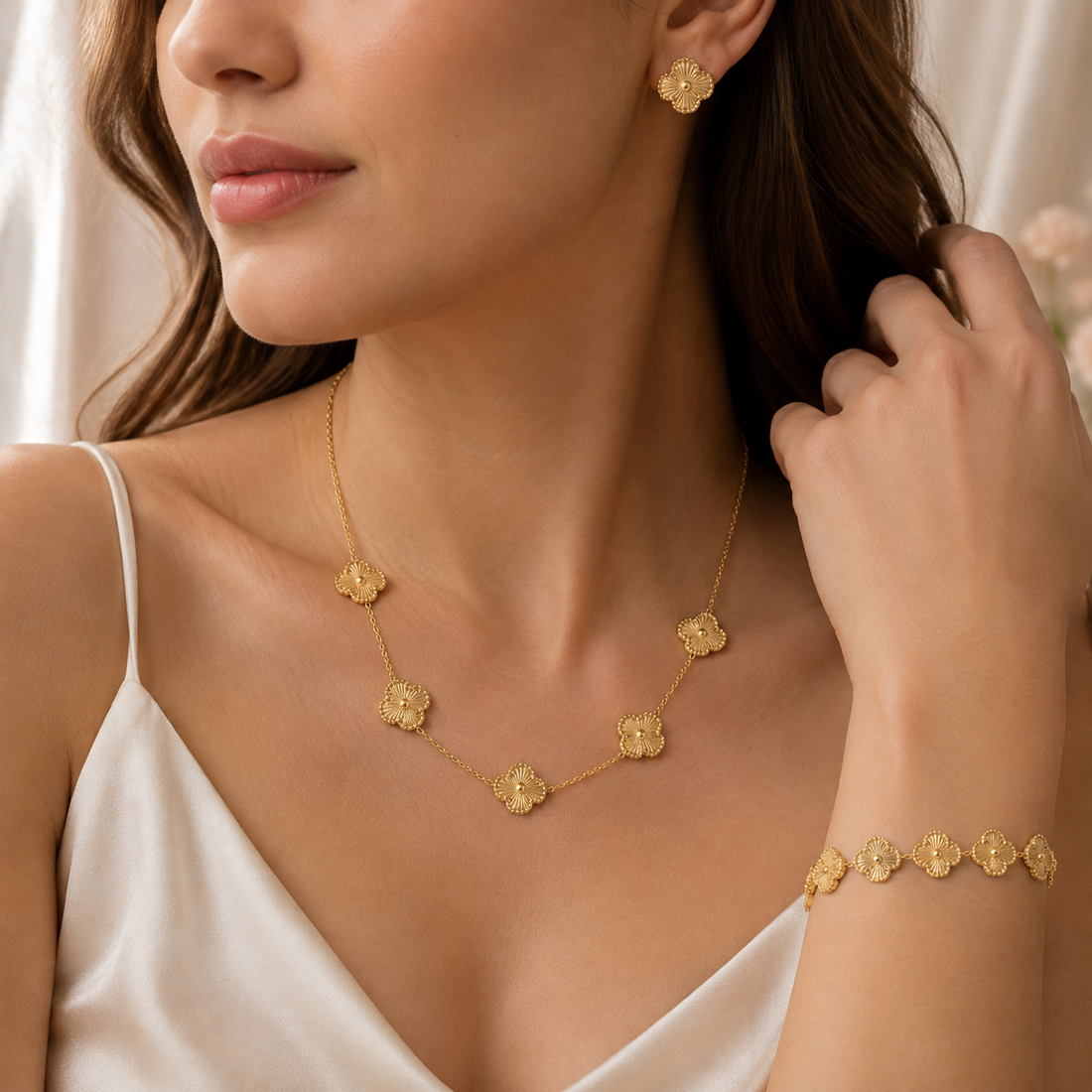 Gold Sunburst Flower Set – Necklace, Bracelet & Earrings