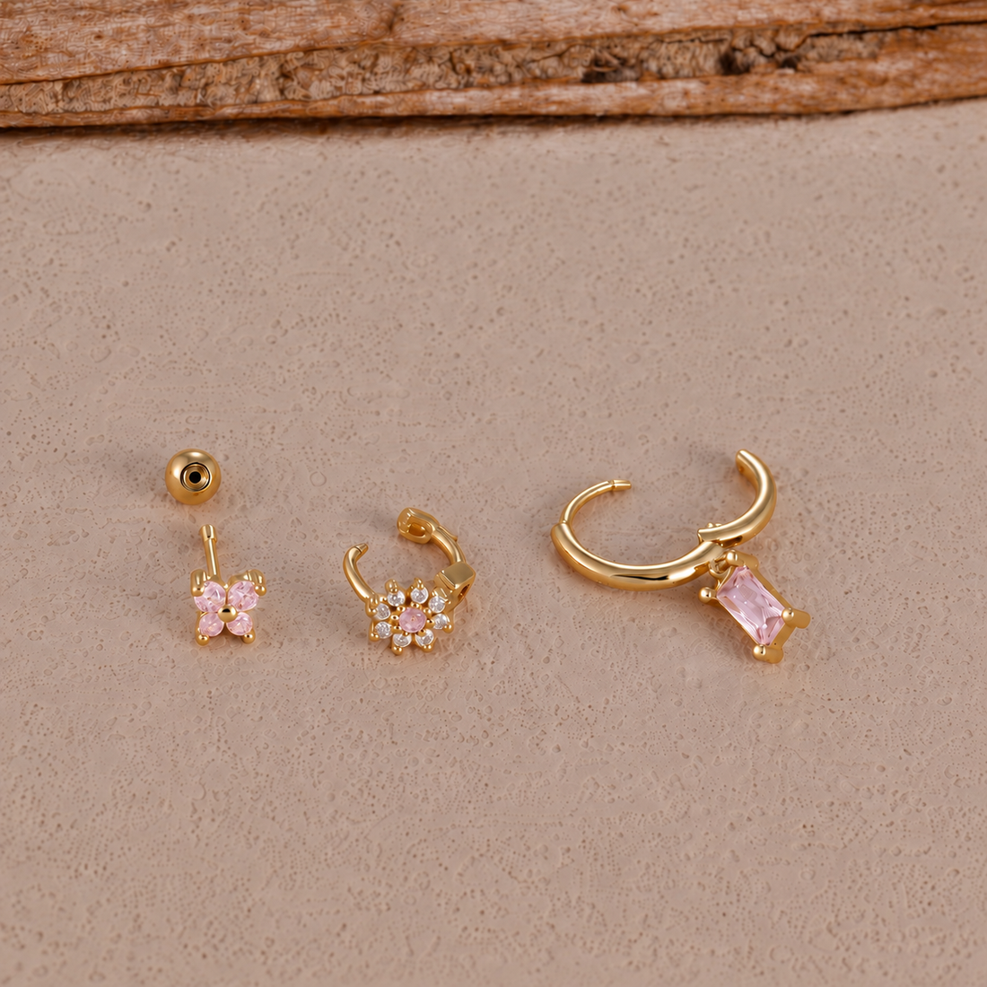 Pink Crystal Ear Stack Set – 3 Pieces