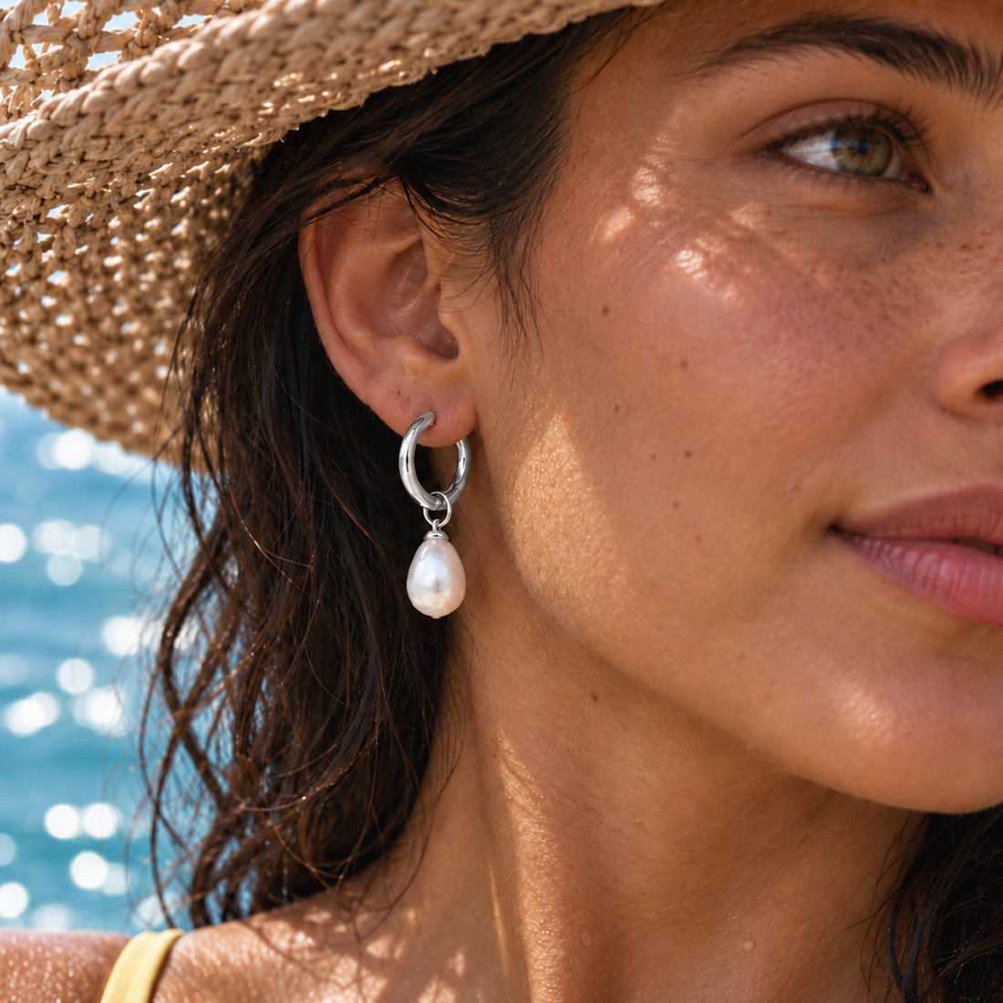 Silver Pearl Drop Huggie Earrings