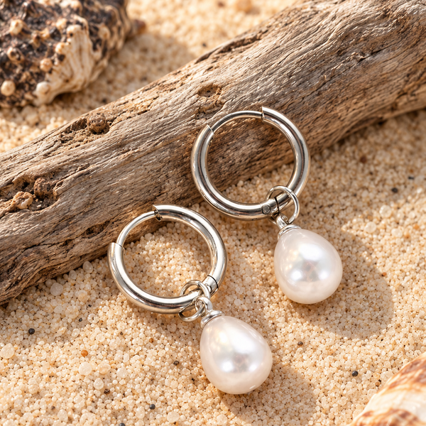 Silver Pearl Drop Huggie Earrings