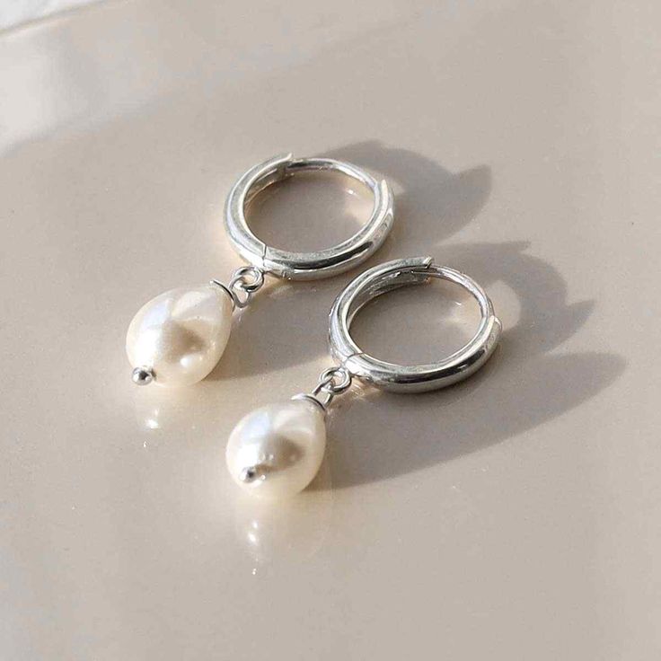 Silver Pearl Drop Huggie Earrings