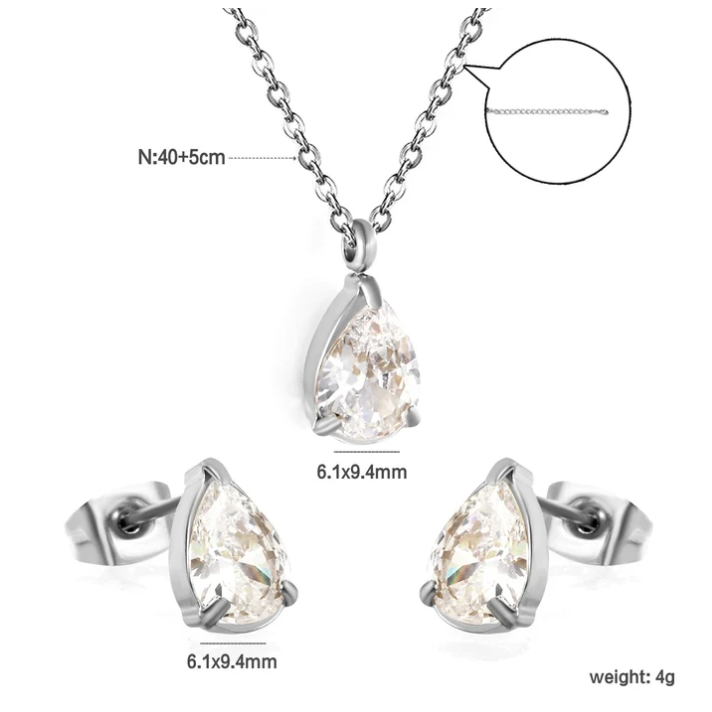 Silver Teardrop Crystal Necklace & Earring Set