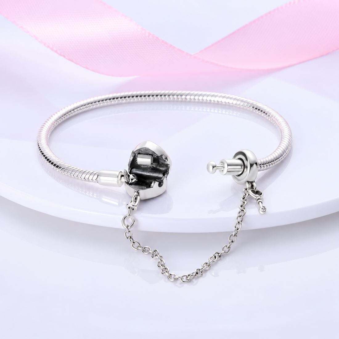 Silver Pink Stone Heart Lock Bracelet