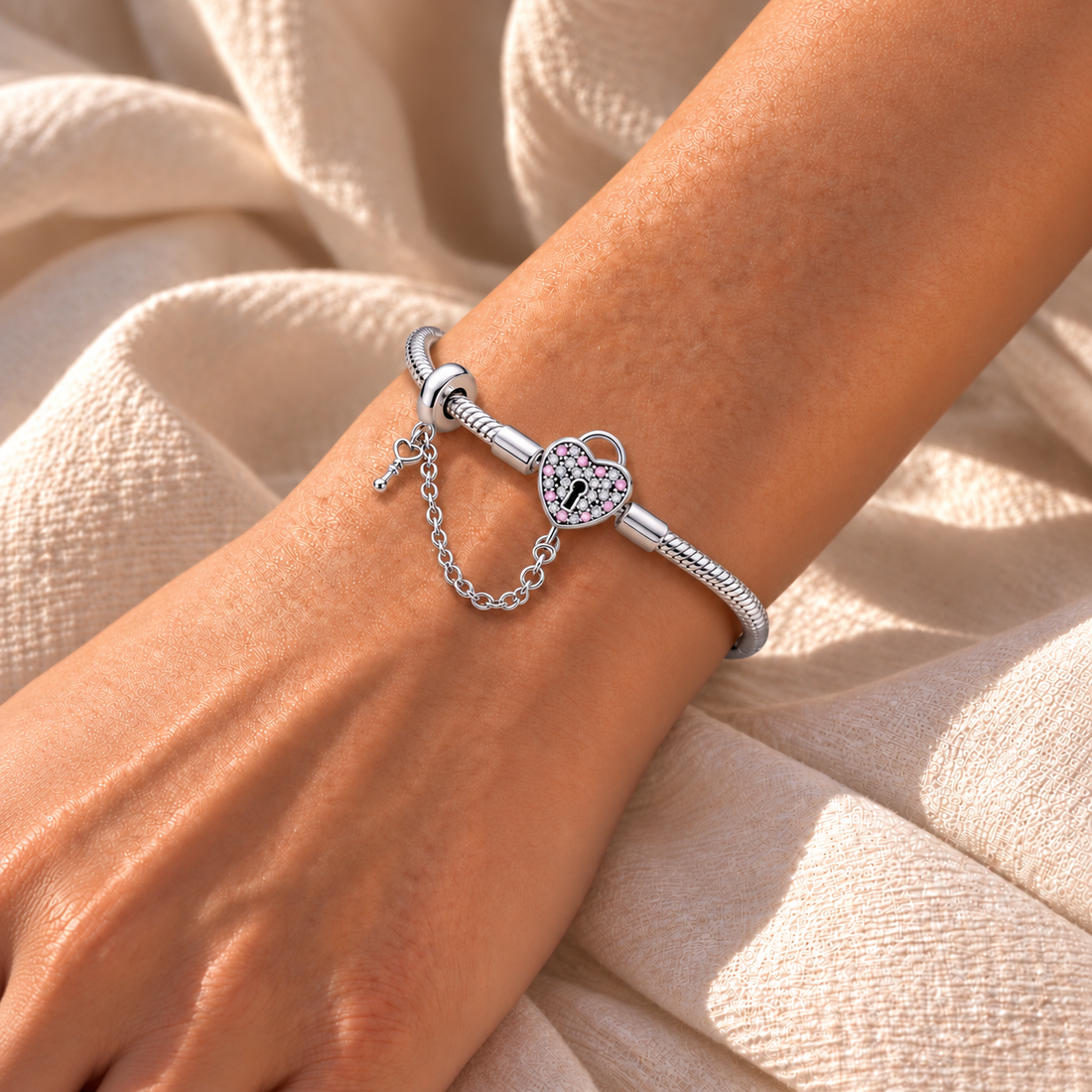 Silver Pink Stone Heart Lock Bracelet