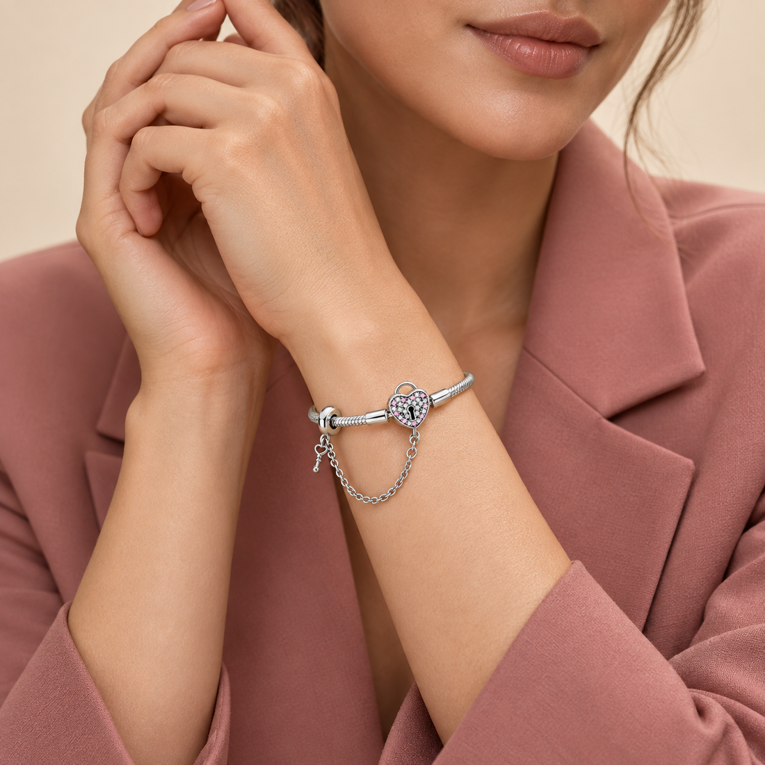 Silver Pink Stone Heart Lock Bracelet